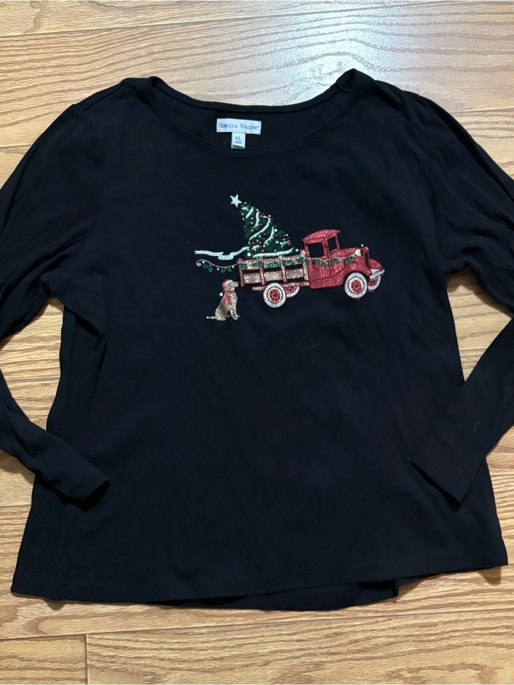 Rebecca Malone Christmas Holiday Dog Truck Tree 3/4 Sleeve Festive Shirt XL
